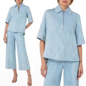 Akris Punto Half Zip Denim Collared Polo Shirt Size 10 Bleached Denim